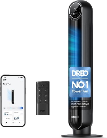 DREO 20dB Smart Silent Tower Fan, 28 ft/s Velocity Electric Cooling Fan with Remote, 90° Oscillating 8 Speeds 4 Modes 8H Timer LED Display, DC Motor Quiet Standing Bladeless Floor Fans for Bedroom
